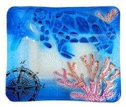 Sea Turtle Multicolor Marine Theme Fused Art Glass Tray Coral Starfish Compass - $11.35