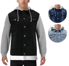 Men&#39;s Two Tone Jean And Grey Jersey with Removable Hood Denim Trucker Ja... - £23.64 GBP