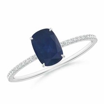 ANGARA Thin Shank Cushion Sapphire Ring with Diamond Accents in 14K Gold - £677.63 GBP