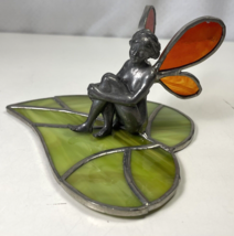 Pewter Fairy Stained Glass Sun Catcher on Green Leaf Orange Wings Shelf ... - $32.66