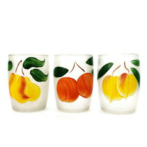 Vintage Frosted Glasses w Hand Painted Fruits Set of 3 Orange Pear Peach Glass - £25.84 GBP