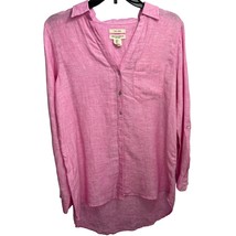 Christian Siriano Womens Shirt 100% Linen V Neck Tab Roll Up Sleeve Pink Small S - £11.81 GBP