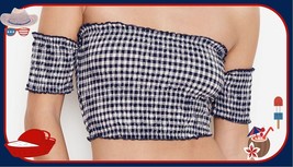 XL Victoria&#39;s Secret Navy Gingham Sexy Tee Off-Shoulder Bra Smocked Cropped Top - £24.12 GBP