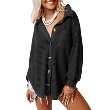 Black Button Up Tops For Women Long Sleeve Waffle Knit Fall Jacket Loose... - $51.99