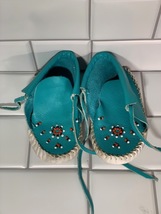 Moccasins Shoes Slip Ons Size 3-4 Childs 1-2 Years Old Blue Green - £7.05 GBP