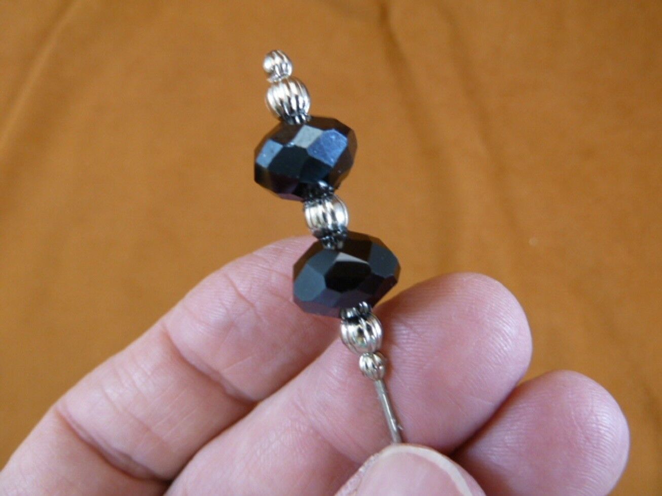 u70-27) Black faceted glass bead silver tone beaded hatpin Pin hat pins ... - $10.39