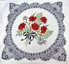 Vintage Cotton Hankie Black Lace Printed Edge w Red Carnations Center 13.5&quot; - $12.38