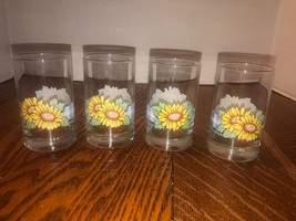 Set of 4 Corelle Sensations 4&quot; Juice Glasses-Sunflowers-Blue Plaid - $12.95