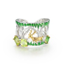 Natural Peridot Gemstone Sterling Silver Adjustable Ring Deer in the Woods Anima - £54.57 GBP