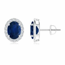 Blue Sapphire Oval Stud Earrings with Diamond in 14K Gold (Grade-AA , 8x6MM) - £2,369.86 GBP