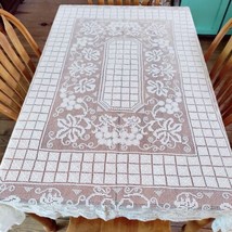 Vtg Cream Ecru Filet Net Lace Tablecloth Rectangle 56&quot; x 69&quot; Sheer Cottagecore  - £51.13 GBP