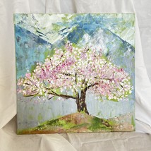 Blooming tree, mountains, flowers, original oil painting, pink, art, bed... - £95.92 GBP