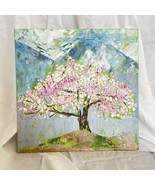 Blooming tree, mountains, flowers, original oil painting, pink, art, bed... - £90.17 GBP