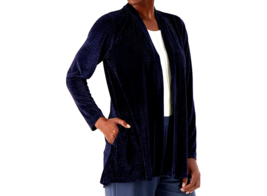 Susan Graver Occasions Pleated Velvet Open Front Cardigan- NAVY,  PETITE SMALL - £35.00 GBP