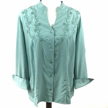 Anthony Richards Embroidered Blouse Top Size 16 Green Turn Up Cuffs Spli... - £18.10 GBP