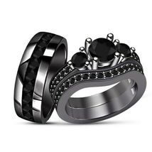 Trio Wedding Ring Set Diamond Engagement Band His And Her 14K Black Gold Over - £112.51 GBP
