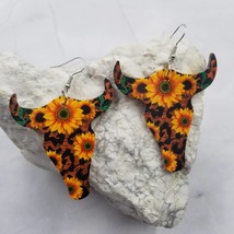 Mixed Printed Sunflower Cow Leather Dangle Earrings Western Southwestern - £11.07 GBP