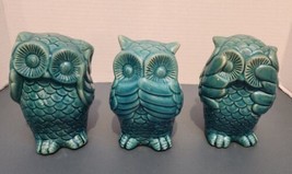 Set of 3 Colorful Hear See and Speak No Evil Rustic Decorative Ceramic Owls Teal - £26.33 GBP