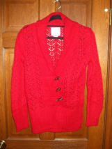 Old Navy Bright Red Shawl Collar Toggle Button Front Crocheted Sweater -... - $28.70