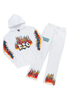 Men&#39;s Classic Salvo White Hoodie &amp; Pants Flame Graffiti Sweatsuit Set - L - $55.43