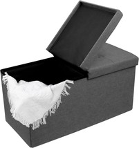 30 Inches Storage Ottoman Bench With Flipping Lid, Linen Foldable, Dark Grey - £38.83 GBP