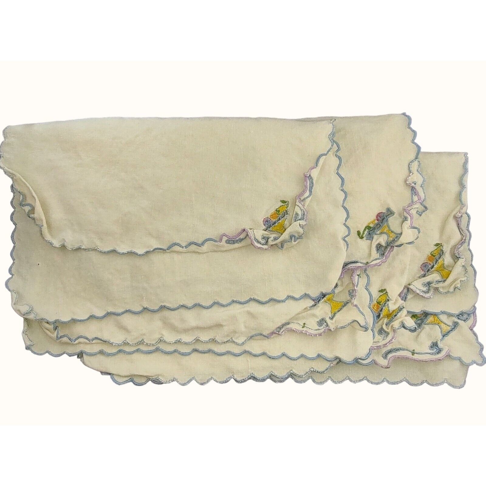 Primary image for Vintage Cloth Napkins Machine Embroidery 1960s Flower Basket Blue Trim 6 Piece