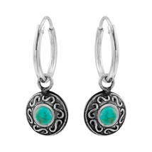 Turquoise Charm 925 Silver Hoop Earrings - £13.44 GBP