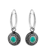 Turquoise Charm 925 Silver Hoop Earrings - £13.24 GBP