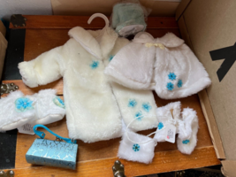 Lot of Cream Faux Fur Coat &amp; White Shawl w Blue Flowers &amp; Matching Boots &amp; Muff - £10.42 GBP
