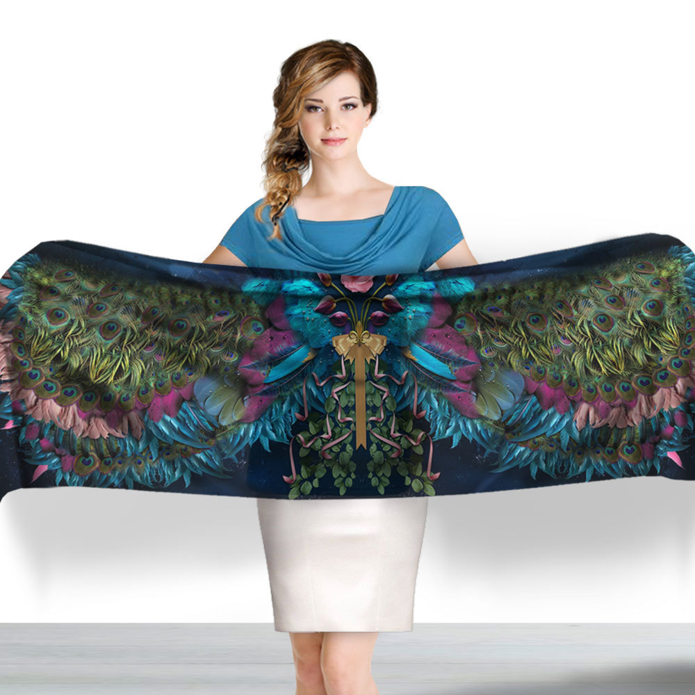 Pure Silk Scarf with Peacock Angel Wing Feathers, Ribbon, Roses. Origina... - $160.00