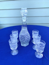 Anchor Hocking Wexford decanter w stopper, 6 wine glasses 4 1/2&quot;  vintage set - £23.96 GBP