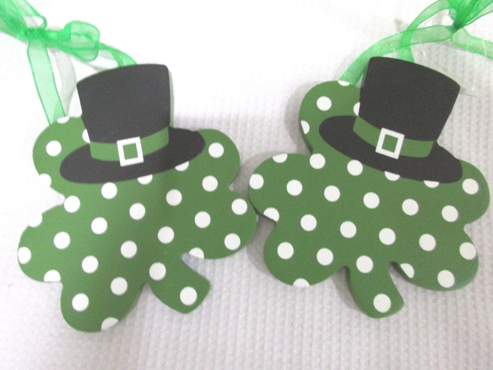 Primary image for St Patricks Day White Green Polka Dot Shamrock Ornaments Decorations Set of 2