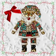 Sparkly Santa Claus Brooch Pin Necklace Pendant, Gold Plated Enamel - $12.47