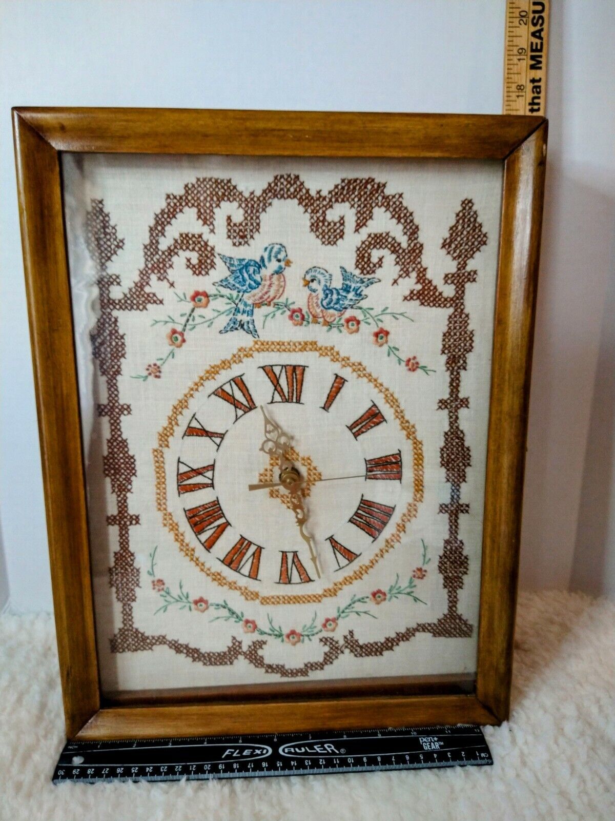 Vintage Clock cross stitch Needlepoint Wood Shadow Wall Clock-Original  Movement - $81.12