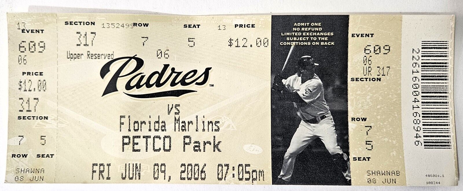 Primary image for San Diego Padres vs Florida Marlins Ticket Stub  June 9, 2006 Petco Park