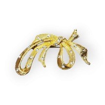 Vintage Brooch Pin Ribbon Bow Rhinestones Gold-tone Women&#39;s Costume Jewelry - £13.91 GBP