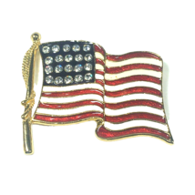 Vintage Enamel American Wavy Flag Brooch Pin Crystal Rhinestone 3&quot; X 2.8&quot; Large - £14.94 GBP