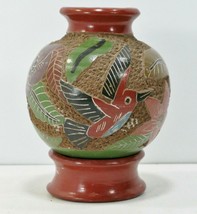 Hand Made Art Pottery Vase &amp; Stand With Carved Flowers Hummingbird Vintage - £7.39 GBP