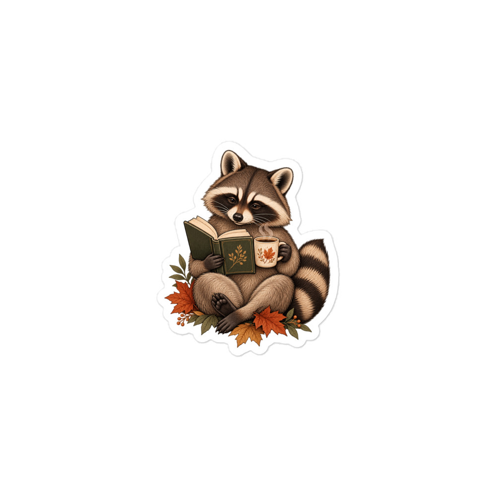 Supplier digital mockup of the Reading Raccoon sticker, available alone or with Frog and Raven stickers