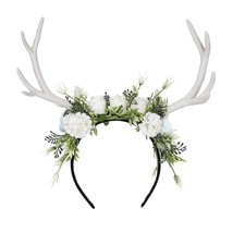 Handmade White Flower Antler Headpiece Woodland Reindeer Headband Forest Floral  - £39.54 GBP