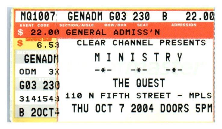 Primary image for Ministry Concert Ticket Stub October 7 2004 Minneapolis Minnesota