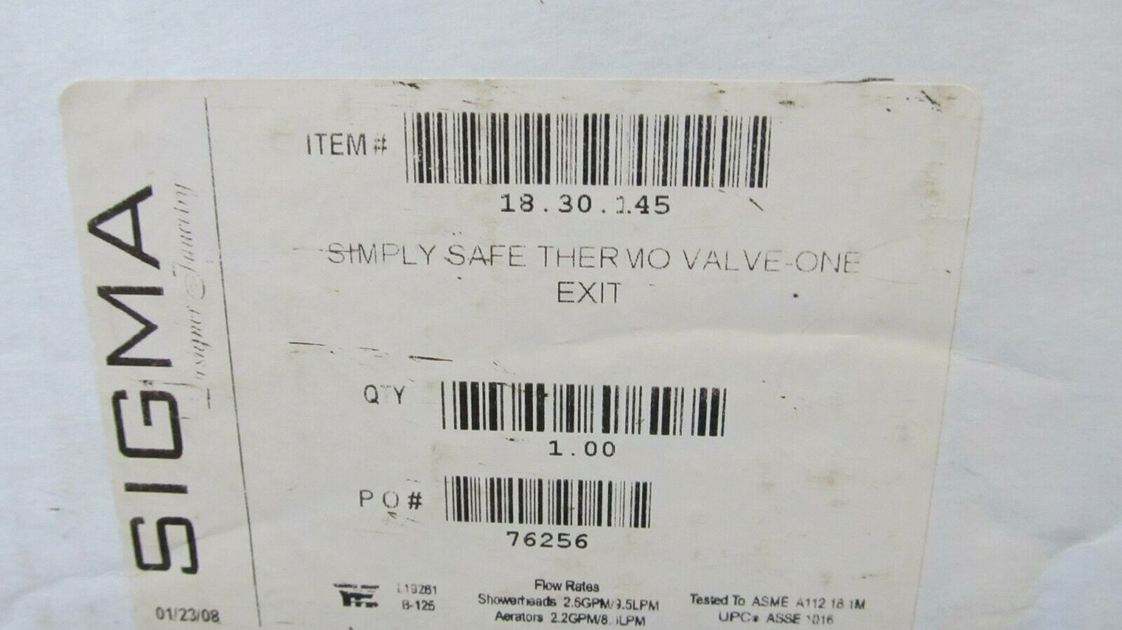 Primary image for Sigma 18.30.145 Simply Safe Thermo Valve - 1 Exit  New in Open Box