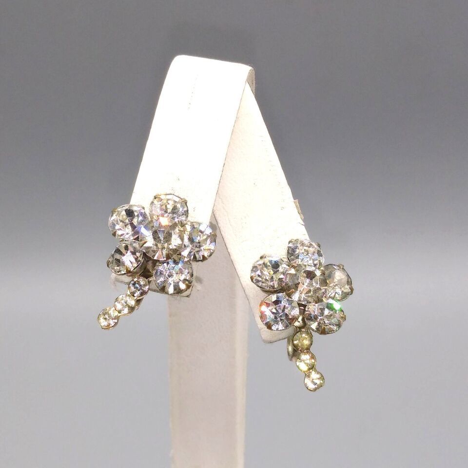 Primary image for Vintage Clear Crystal Flowers Earrings, Sparkling Screw Back Chaton Floral