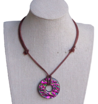 Multicolor Glass Round Circle Donut Pendant Adjustable Brown Cord Necklace - £7.90 GBP