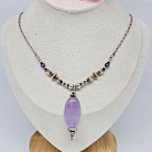 925 Sterling Silver - Amethyst Stone Pendant Chain Choker Necklace 18&quot; Long - £23.55 GBP