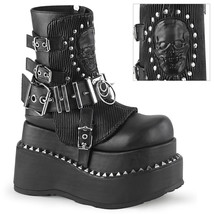 DEMONIA BEAR-150 Womens Tiered Platform Punk  Black Skull Patch Studs Ankle Boot - £109.86 GBP