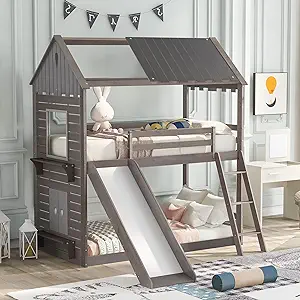 With Slide And Roof,Playhouse Bedframe With Two Shelves For Kids/Bedroom... - $574.99