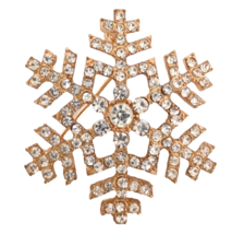 Vintage Sparkling Crystal Snowflake Brooch/Pin Gold Toned Metal Holiday Shine - £8.58 GBP