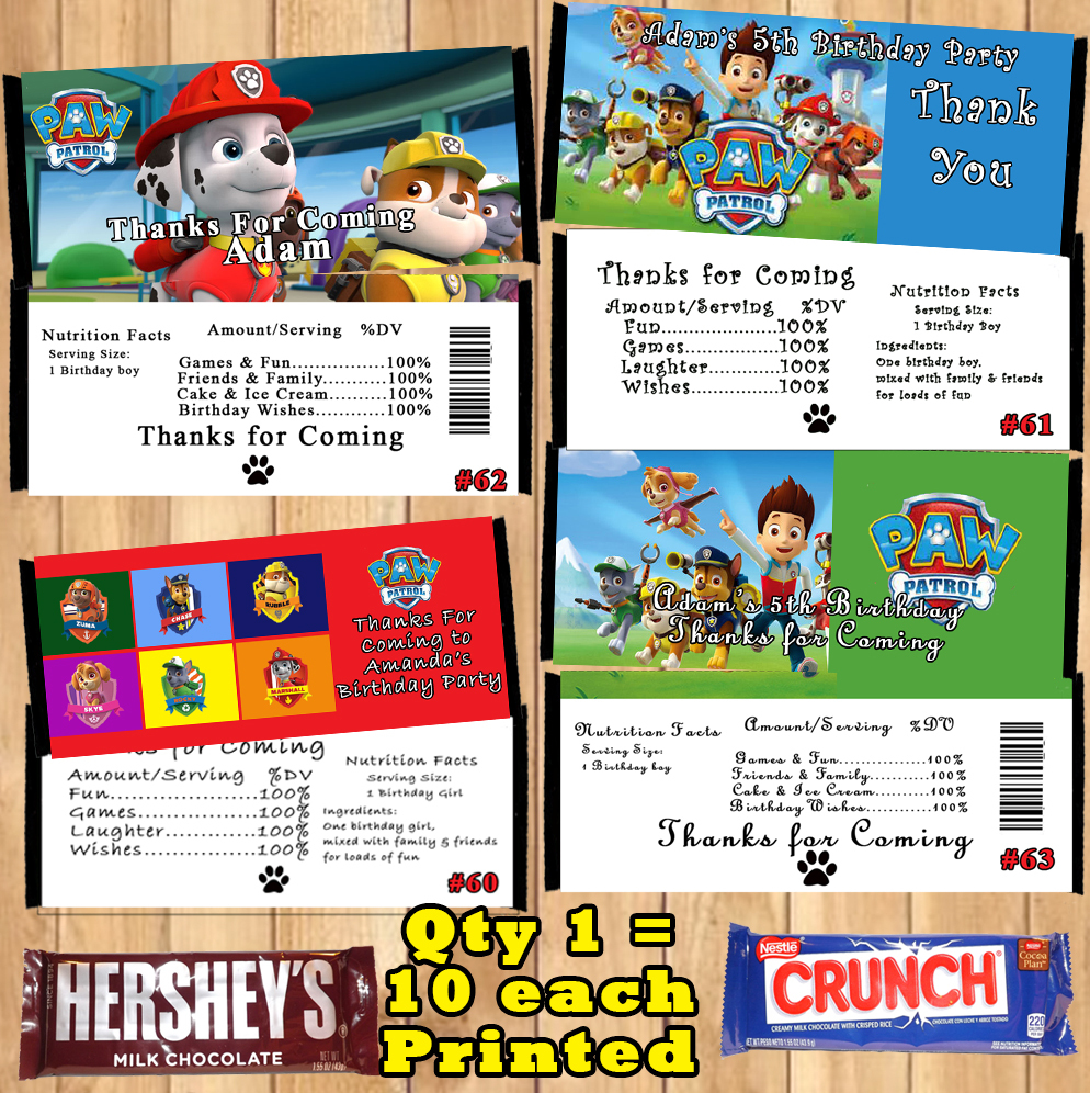 Paw Patrol Birthday Candy Wrappers 10 ea Personalized Custom Made - $9.50 - $10.50