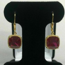 3.00Ct Cushion Cut Pink Ruby Drop/Dangle Women&#39;s Earrings 14k Yellow Gold Finish - £85.45 GBP